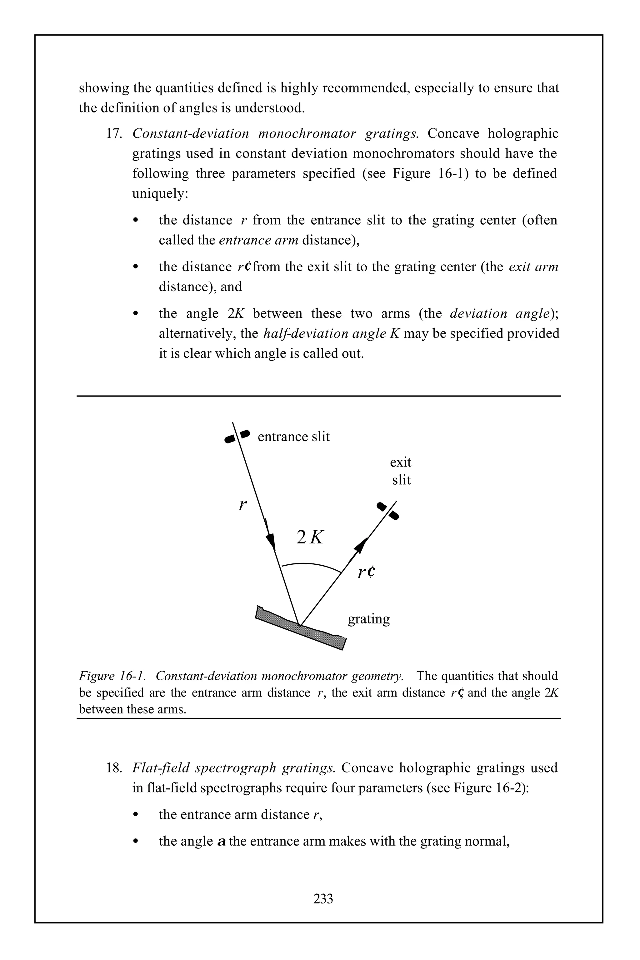 showing the quantities defined is highly recommended, especially to ensure that
the definition of angles is understood.
    17. Constant-deviation monochromator gratings. Concave holographic
        gratings used in constant deviation monochromators should have the
        following three parameters specified (see Figure 16-1) to be defined
        uniquely:
         •    the distance r from the entrance slit to the grating center (often
              called the entrance arm distance),
         •    the distance r′ from the exit slit to the grating center (the exit arm
              distance), and
         •    the angle 2K between these two arms (the deviation angle);
              alternatively, the half-deviation angle K may be specified provided
              it is clear which angle is called out.




                                 entrance slit
                                                           exit
                                                           slit
                             r
                                        2K
                                                   r′

                                                 grating


Figure 16-1. Constant-deviation monochromator geometry. The quantities that should
be specified are the entrance arm distance r, the exit arm distance r′, and the angle 2K
between these arms.



    18. Flat-field spectrograph gratings. Concave holographic gratings used
        in flat-field spectrographs require four parameters (see Figure 16-2):
         •    the entrance arm distance r,
         •    the angle α the entrance arm makes with the grating normal,



                                           233
 