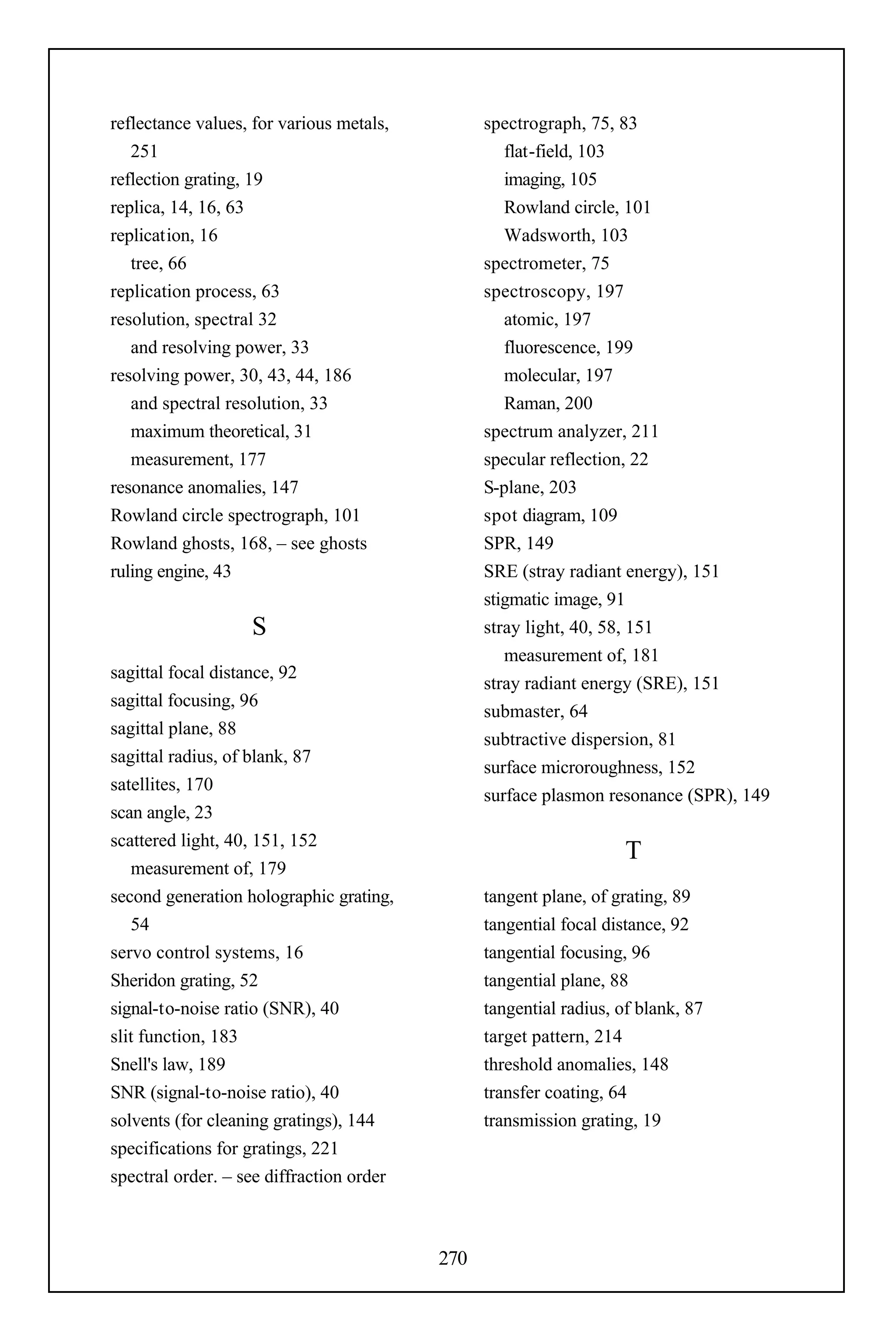 reflectance values, for various metals,         spectrograph, 75, 83
   251                                             flat-field, 103
reflection grating, 19                             imaging, 105
replica, 14, 16, 63                                Rowland circle, 101
replication, 16                                    Wadsworth, 103
   tree, 66                                     spectrometer, 75
replication process, 63                         spectroscopy, 197
resolution, spectral 32                            atomic, 197
   and resolving power, 33                         fluorescence, 199
resolving power, 30, 43, 44, 186                   molecular, 197
   and spectral resolution, 33                     Raman, 200
   maximum theoretical, 31                      spectrum analyzer, 211
   measurement, 177                             specular reflection, 22
resonance anomalies, 147                        S-plane, 203
Rowland circle spectrograph, 101                spot diagram, 109
Rowland ghosts, 168, – see ghosts               SPR, 149
ruling engine, 43                               SRE (stray radiant energy), 151
                                                stigmatic image, 91
                   S                            stray light, 40, 58, 151
                                                   measurement of, 181
sagittal focal distance, 92
                                                stray radiant energy (SRE), 151
sagittal focusing, 96
                                                submaster, 64
sagittal plane, 88
                                                subtractive dispersion, 81
sagittal radius, of blank, 87
                                                surface microroughness, 152
satellites, 170
                                                surface plasmon resonance (SPR), 149
scan angle, 23
scattered light, 40, 151, 152
                                                                    T
   measurement of, 179
second generation holographic grating,          tangent plane, of grating, 89
   54                                           tangential focal distance, 92
servo control systems, 16                       tangential focusing, 96
Sheridon grating, 52                            tangential plane, 88
signal-to-noise ratio (SNR), 40                 tangential radius, of blank, 87
slit function, 183                              target pattern, 214
Snell's law, 189                                threshold anomalies, 148
SNR (signal-to-noise ratio), 40                 transfer coating, 64
solvents (for cleaning gratings), 144           transmission grating, 19
specifications for gratings, 221
spectral order. – see diffraction order



                                          270
 
