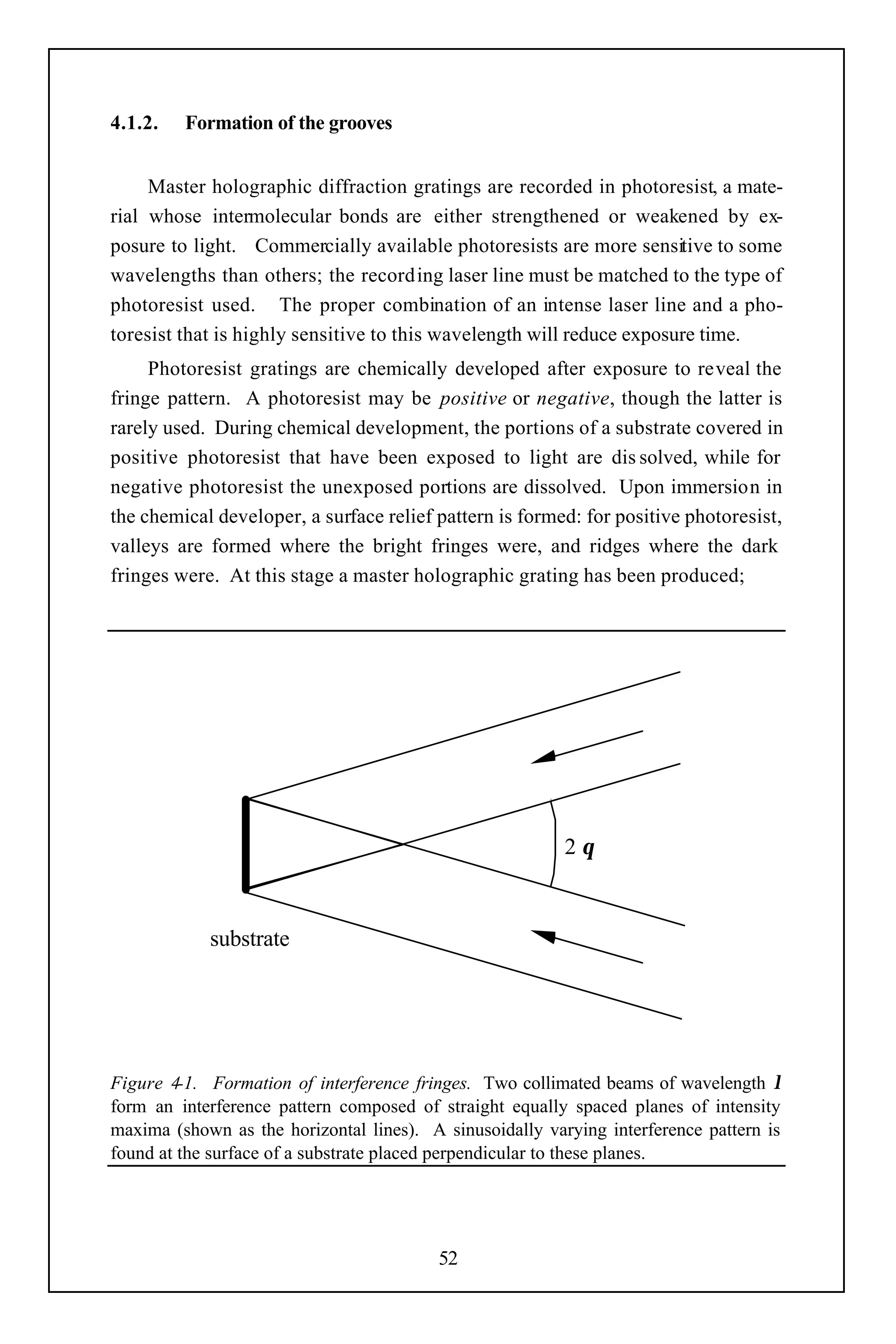 4.1.2.   Formation of the grooves


     Master holographic diffraction gratings are recorded in photoresist, a mate-
rial whose intermolecular bonds are either strengthened or weakened by ex-
posure to light. Commercially available photoresists are more sensitive to some
wavelengths than others; the recording laser line must be matched to the type of
photoresist used. The proper combination of an intense laser line and a pho-
toresist that is highly sensitive to this wavelength will reduce exposure time.
     Photoresist gratings are chemically developed after exposure to reveal the
fringe pattern. A photoresist may be positive or negative, though the latter is
rarely used. During chemical development, the portions of a substrate covered in
positive photoresist that have been exposed to light are dis solved, while for
negative photoresist the unexposed portions are dissolved. Upon immersion in
the chemical developer, a surface relief pattern is formed: for positive photoresist,
valleys are formed where the bright fringes were, and ridges where the dark
fringes were. At this stage a master holographic grating has been produced;




                                                          2θ



            substrate




Figure 4-1. Formation of interference fringes. Two collimated beams of wavelength λ
form an interference pattern composed of straight equally spaced planes of intensity
maxima (shown as the horizontal lines). A sinusoidally varying interference pattern is
found at the surface of a substrate placed perpendicular to these planes.




                                         52
 