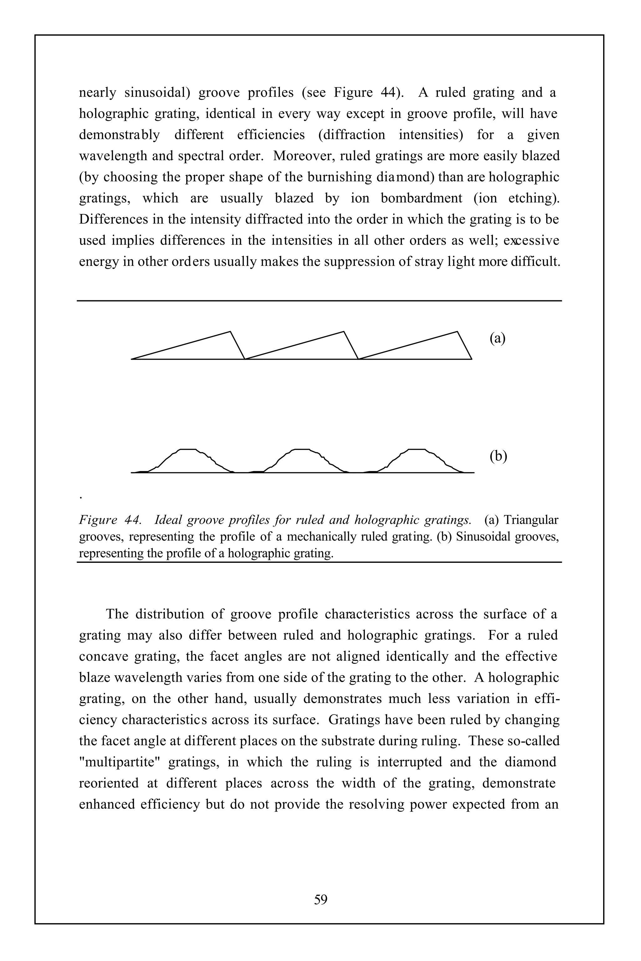 nearly sinusoidal) groove profiles (see Figure 4     -4). A ruled grating and a
holographic grating, identical in every way except in groove profile, will have
demonstrably different efficiencies (diffraction intensities) for a given
wavelength and spectral order. Moreover, ruled gratings are more easily blazed
(by choosing the proper shape of the burnishing diamond) than are holographic
gratings, which are usually blazed by ion bombardment (ion etching).
Differences in the intensity diffracted into the order in which the grating is to be
used implies differences in the intensities in all other orders as well; excessive
energy in other orders usually makes the suppression of stray light more difficult.




                                                                            (a)




                                                                            (b)

.
Figure 4 -4. Ideal groove profiles for ruled and holographic gratings. (a) Triangular
grooves, representing the profile of a mechanically ruled grating. (b) Sinusoidal grooves,
representing the profile of a holographic grating.



     The distribution of groove profile characteristics across the surface of a
grating may also differ between ruled and holographic gratings. For a ruled
concave grating, the facet angles are not aligned identically and the effective
blaze wavelength varies from one side of the grating to the other. A holographic
grating, on the other hand, usually demonstrates much less variation in effi-
ciency characteristics across its surface. Gratings have been ruled by changing
the facet angle at different places on the substrate during ruling. These so-called
"multipartite" gratings, in which the ruling is interrupted and the diamond
reoriented at different places across the width of the grating, demonstrate
enhanced efficiency but do not provide the resolving power expected from an




                                            59
 
