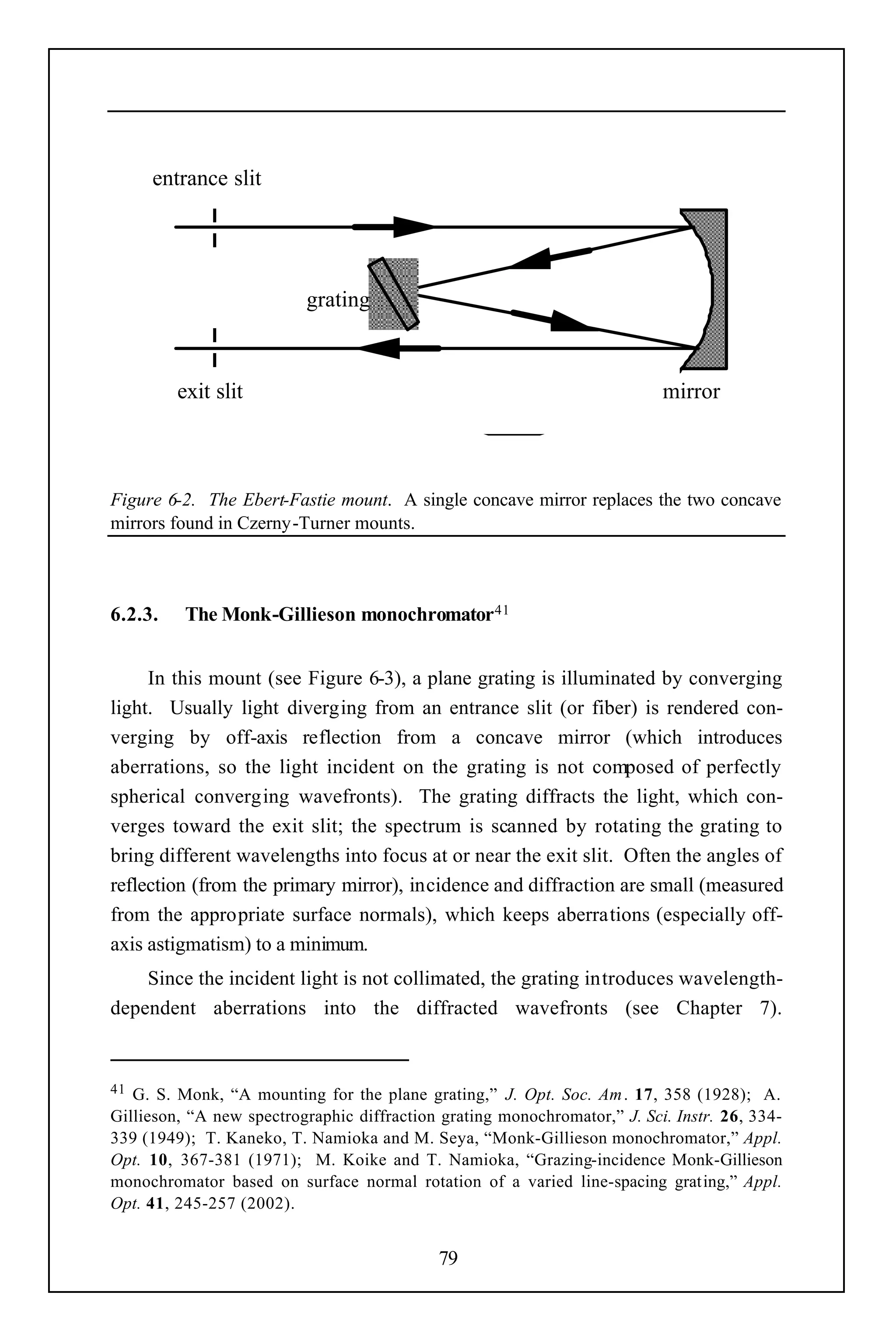 entrance slit




                          grating



         exit slit                                                         mirror



Figure 6-2. The Ebert-Fastie mount. A single concave mirror replaces the two concave
mirrors found in Czerny-Turner mounts.



6.2.3.    The Monk-Gillieson monochromator 41


     In this mount (see Figure 6-3), a plane grating is illuminated by converging
light. Usually light diverging from an entrance slit (or fiber) is rendered con-
verging by off-axis reflection from a concave mirror (which introduces
aberrations, so the light incident on the grating is not composed of perfectly
spherical converging wavefronts). The grating diffracts the light, which con-
verges toward the exit slit; the spectrum is scanned by rotating the grating to
bring different wavelengths into focus at or near the exit slit. Often the angles of
reflection (from the primary mirror), incidence and diffraction are small (measured
from the appropriate surface normals), which keeps aberrations (especially off-
axis astigmatism) to a minimum.
    Since the incident light is not collimated, the grating introduces wavelength-
dependent aberrations into the diffracted wavefronts (see Chapter 7).


41 G. S. Monk, “A mounting for the plane grating,” J. Opt. Soc. Am . 17, 358 (1928); A.
Gillieson, “A new spectrographic diffraction grating monochromator,” J. Sci. Instr. 26, 334-
339 (1949); T. Kaneko, T. Namioka and M. Seya, “Monk-Gillieson monochromator,” Appl.
Opt. 10, 367-381 (1971); M. Koike and T. Namioka, “Grazing-incidence Monk-Gillieson
monochromator based on surface normal rotation of a varied line-spacing grating,” Appl.
Opt. 41, 245-257 (2002).


                                            79
 