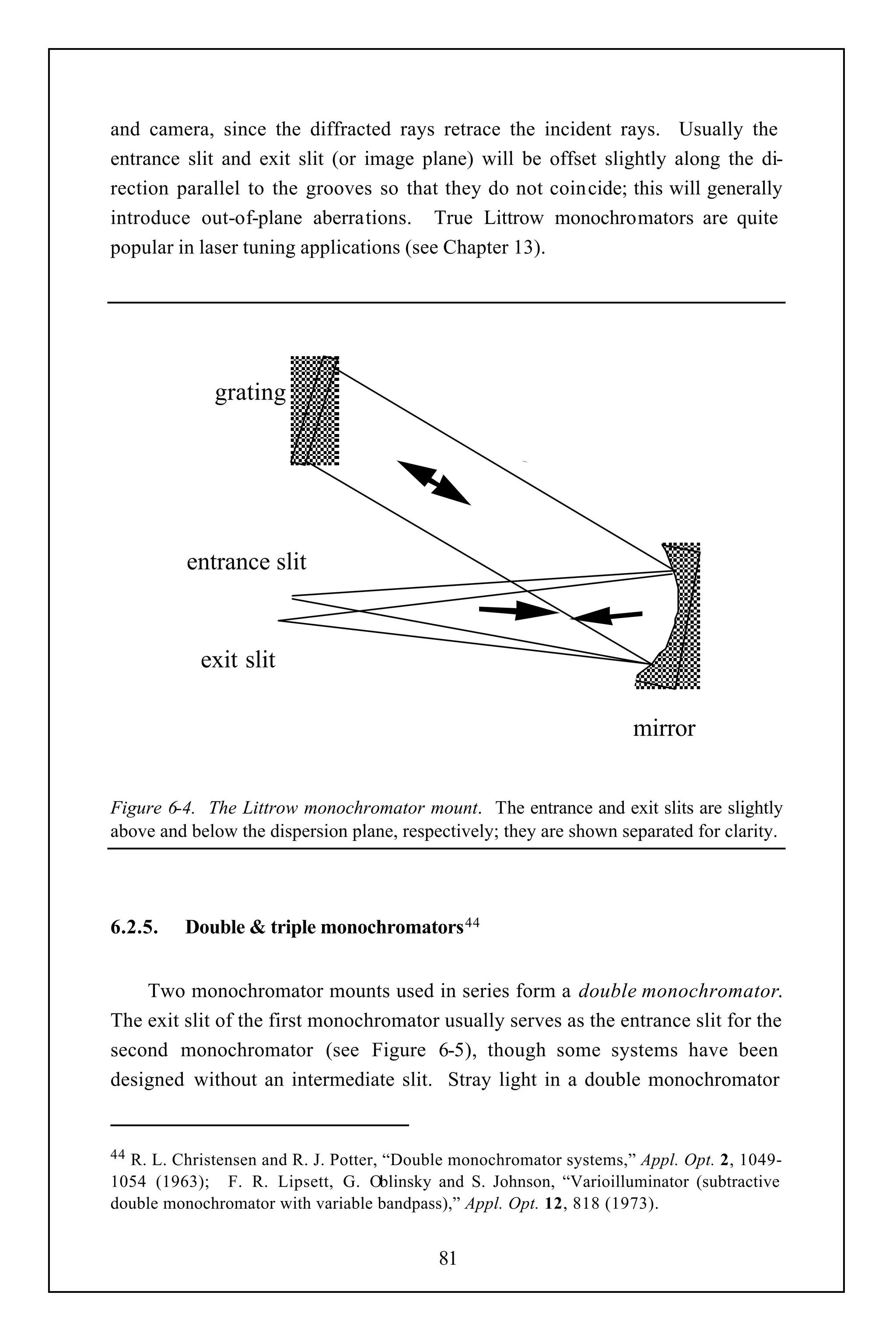 and camera, since the diffracted rays retrace the incident rays. Usually the
entrance slit and exit slit (or image plane) will be offset slightly along the di-
rection parallel to the grooves so that they do not coincide; this will generally
introduce out-of-plane aberrations. True Littrow monochromators are quite
popular in laser tuning applications (see Chapter 13).




             grating




          entrance slit


           exit slit

                                                                     mirror


Figure 6-4. The Littrow monochromator mount. The entrance and exit slits are slightly
above and below the dispersion plane, respectively; they are shown separated for clarity.




6.2.5.   Double & triple monochromators 44


    Two monochromator mounts used in series form a double monochromator.
The exit slit of the first monochromator usually serves as the entrance slit for the
second monochromator (see Figure 6-5), though some systems have been
designed without an intermediate slit. Stray light in a double monochromator


44R. L. Christensen and R. J. Potter, “Double monochromator systems,” Appl. Opt. 2, 1049-
1054 (1963); F. R. Lipsett, G. Oblinsky and S. Johnson, “Varioilluminator (subtractive
double monochromator with variable bandpass),” Appl. Opt. 12, 818 (1973).


                                           81
 