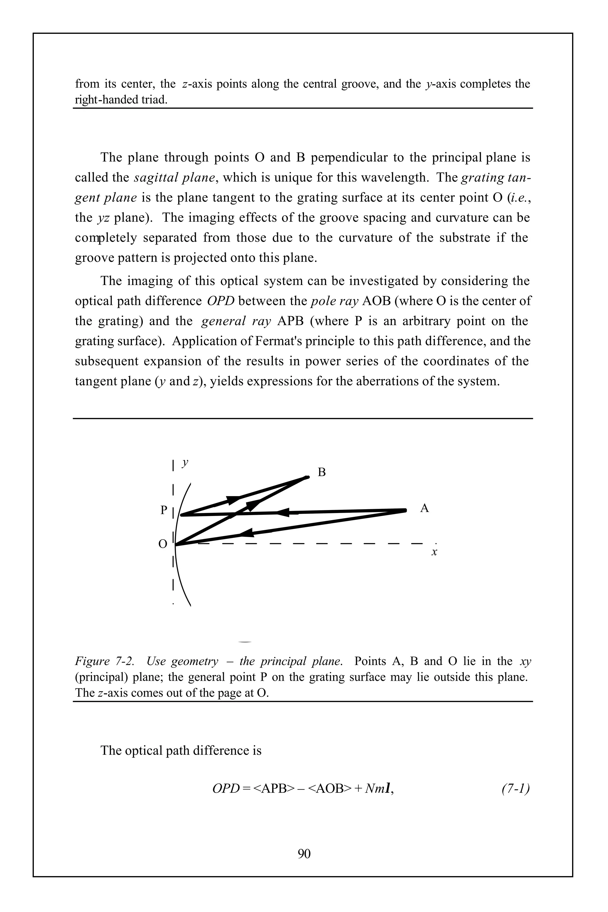 from its center, the z-axis points along the central groove, and the y-axis completes the
right-handed triad.



     The plane through points O and B perpendicular to the principal plane is
called the sagittal plane, which is unique for this wavelength. The grating tan-
gent plane is the plane tangent to the grating surface at its center point O (i.e.,
the yz plane). The imaging effects of the groove spacing and curvature can be
completely separated from those due to the curvature of the substrate if the
groove pattern is projected onto this plane.
     The imaging of this optical system can be investigated by considering the
optical path difference OPD between the pole ray AOB (where O is the center of
the grating) and the general ray APB (where P is an arbitrary point on the
grating surface). Application of Fermat's principle to this path difference, and the
subsequent expansion of the results in power series of the coordinates of the
tangent plane (y and z), yields expressions for the aberrations of the system.




                     y
                                                B


                P                                                  A

                O
                                                                       x




Figure 7-2. Use geometry – the principal plane. Points A, B and O lie in the xy
(principal) plane; the general point P on the grating surface may lie outside this plane.
The z-axis comes out of the page at O.



    The optical path difference is

                          OPD = <APB> – <AOB> + Nmλ,                               (7-1)



                                           90
 