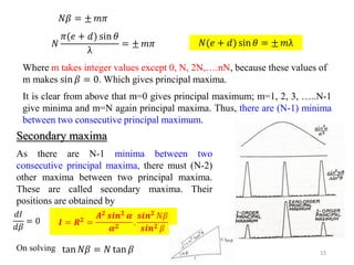 15
𝑁𝛽 = ± 𝑚𝜋
𝑁
𝜋(𝑒 + 𝑑) sin 𝜃
λ
= ± 𝑚𝜋 𝑁(𝑒 + 𝑑) sin 𝜃 = ± 𝑚λ
Where m takes integer values except 0, N, 2N,….nN, because these values of
m makes sin 𝛽 = 0. Which gives principal maxima.
It is clear from above that m=0 gives principal maximum; m=1, 2, 3, …..N-1
give minima and m=N again principal maxima. Thus, there are (N-1) minima
between two consecutive principal maximum.
Secondary maxima
As there are N-1 minima between two
consecutive principal maxima, there must (N-2)
other maxima between two principal maxima.
These are called secondary maxima. Their
positions are obtained by
𝑑𝐼
𝑑𝛽
= 0 𝑰 = 𝑹𝟐
=
𝑨𝟐 𝒔𝒊𝒏𝟐 𝜶
𝜶𝟐
.
𝒔𝒊𝒏𝟐 𝑁𝛽
𝒔𝒊𝒏𝟐 𝛽
On solving tan 𝑁𝛽 = 𝑁 tan 𝛽
 