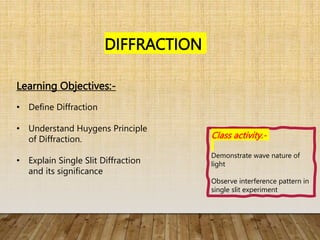DIFFRACTION
Learning Objectives:-
• Define Diffraction
• Understand Huygens Principle
of Diffraction.
• Explain Single Slit Diffraction
and its significance
Class activity:-
Demonstrate wave nature of
light
Observe interference pattern in
single slit experiment
 