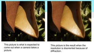 This picture is what is expected to
come out when a camera takes a
picture.

This picture is the result when the
resolution is disoriented because of
diffraction.

 
