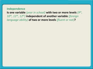 Independence
Is one variable (year in school) with two or more levels (9th,
10th, 11th, 12th) independent of another variable (foreign
language ability) of two or more levels (fluent or not)?
 