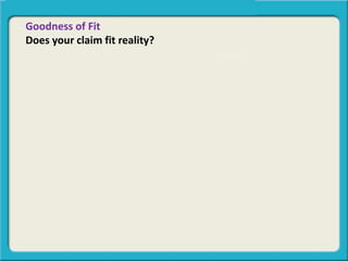 Goodness of Fit
Does your claim fit reality?
(4 out of 5 dentist recommend flavored floss) (3 out of 5 of
your dentist friends recommend flavored floss)
 