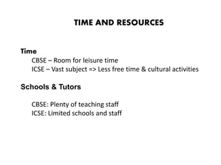 Time
CBSE – Room for leisure time
ICSE – Vast subject => Less free time & cultural activities
Schools & Tutors
CBSE: Plenty of teaching staff
ICSE: Limited schools and staff
TIME AND RESOURCES
 