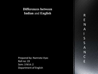 Differences between
    Indian and English
                                R
                                E
                                N
                                A
                                I
                                S
     Prepared By: Namrata       S
                        vyas    A
                  Roll no: 19   N
Prepared by: Namrata Vyas 2
              Sem:3, M.A.       C
Roll no: 19Writing in English
  Indian                        E
Sem: 3 M.A: 2
Department of English
 