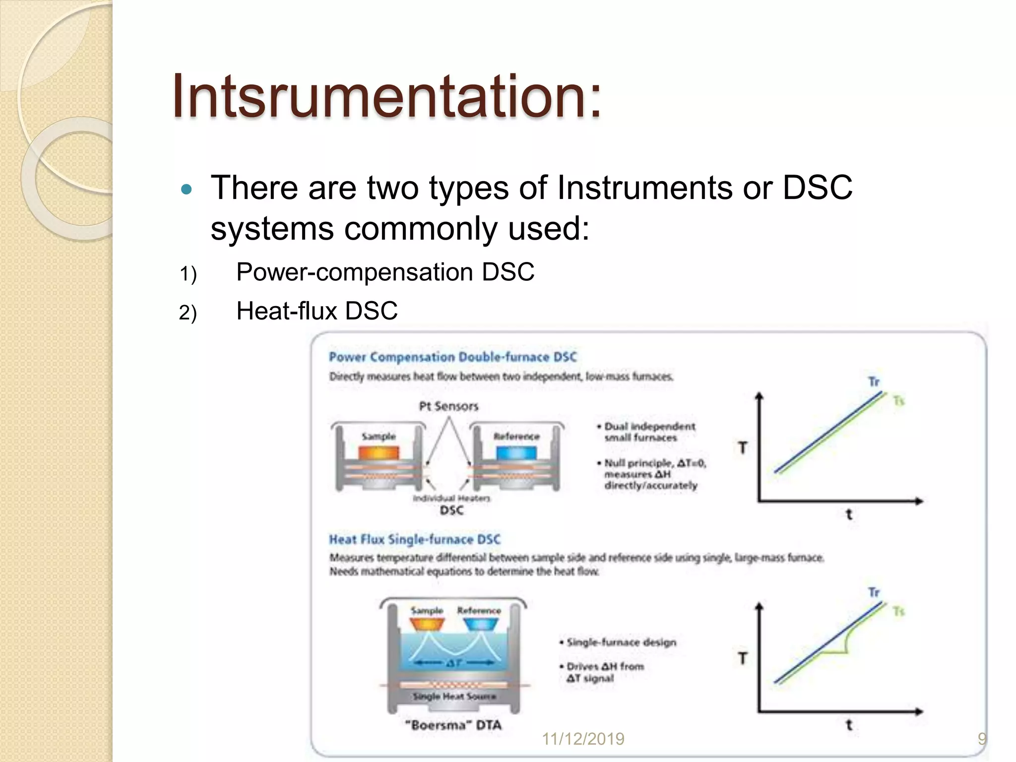 Intsrumentation:
 There are two types of Instruments or DSC
systems commonly used:
1) Power-compensation DSC
2) Heat-flux DSC
11/12/2019 9
 