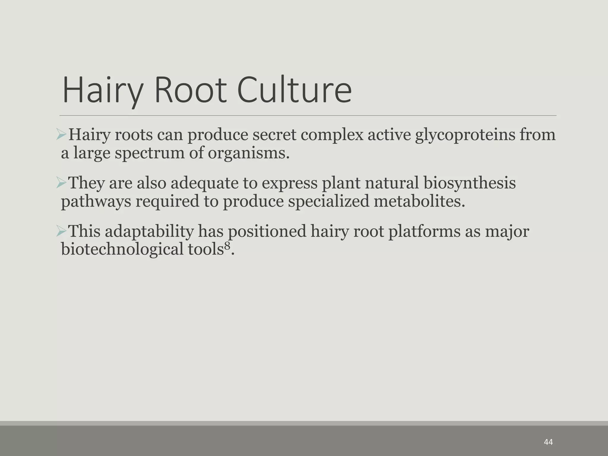 Hairy Root Culture
Hairy roots can produce secret complex active glycoproteins from
a large spectrum of organisms.
They are also adequate to express plant natural biosynthesis
pathways required to produce specialized metabolites.
This adaptability has positioned hairy root platforms as major
biotechnological tools8.
44
 