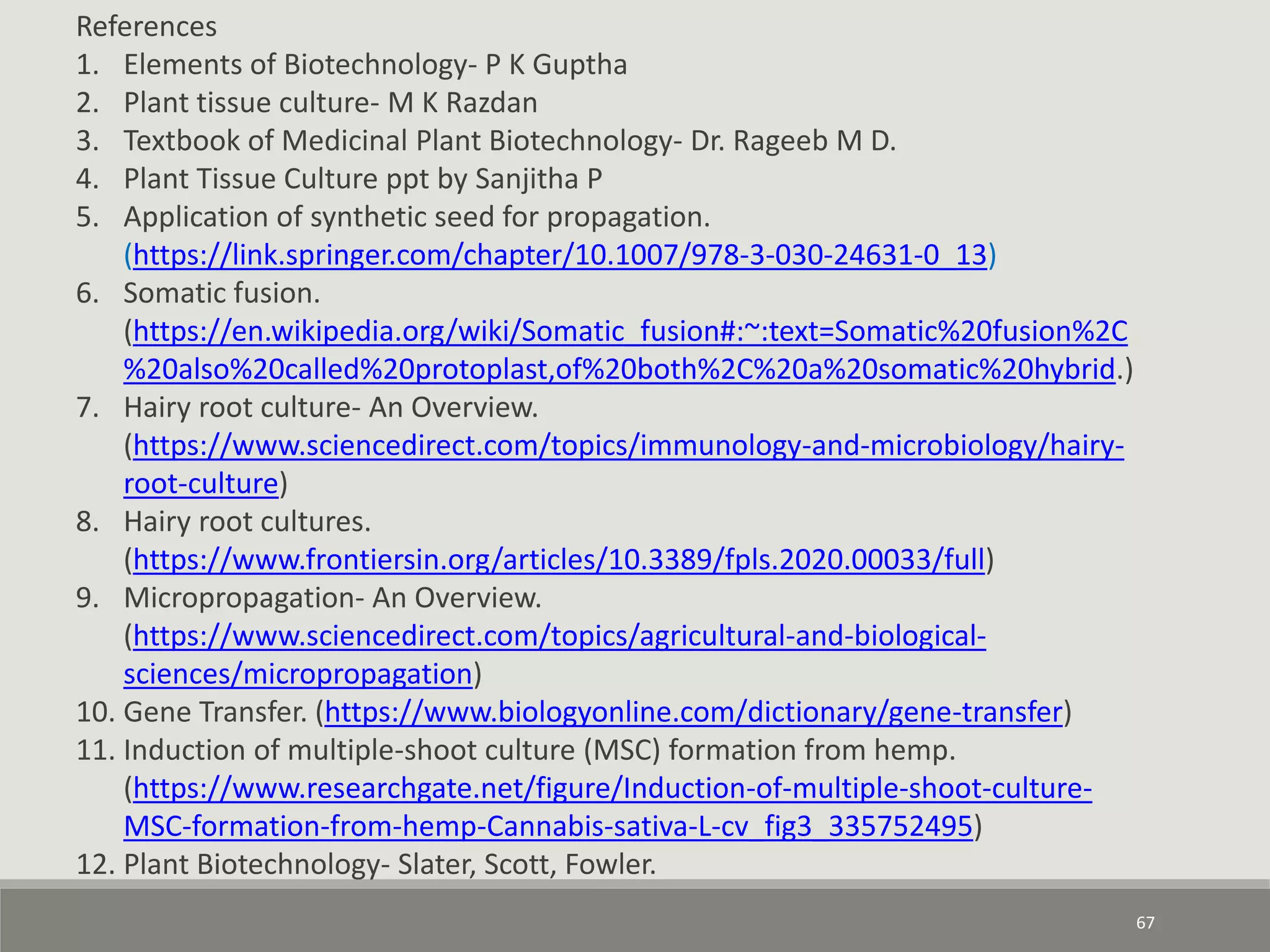 References
1. Elements of Biotechnology- P K Guptha
2. Plant tissue culture- M K Razdan
3. Textbook of Medicinal Plant Biotechnology- Dr. Rageeb M D.
4. Plant Tissue Culture ppt by Sanjitha P
5. Application of synthetic seed for propagation.
(https://link.springer.com/chapter/10.1007/978-3-030-24631-0_13)
6. Somatic fusion.
(https://en.wikipedia.org/wiki/Somatic_fusion#:~:text=Somatic%20fusion%2C
%20also%20called%20protoplast,of%20both%2C%20a%20somatic%20hybrid.)
7. Hairy root culture- An Overview.
(https://www.sciencedirect.com/topics/immunology-and-microbiology/hairy-
root-culture)
8. Hairy root cultures.
(https://www.frontiersin.org/articles/10.3389/fpls.2020.00033/full)
9. Micropropagation- An Overview.
(https://www.sciencedirect.com/topics/agricultural-and-biological-
sciences/micropropagation)
10. Gene Transfer. (https://www.biologyonline.com/dictionary/gene-transfer)
11. Induction of multiple-shoot culture (MSC) formation from hemp.
(https://www.researchgate.net/figure/Induction-of-multiple-shoot-culture-
MSC-formation-from-hemp-Cannabis-sativa-L-cv_fig3_335752495)
12. Plant Biotechnology- Slater, Scott, Fowler.
67
 
