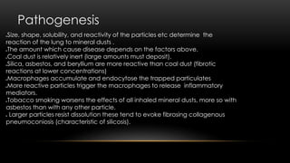 Pathogenesis
Size, shape, solubility, and reactivity of the particles etc determine the
reaction of the lung to mineral dusts .
The amount which cause disease depends on the factors above.
Coal dust is relatively inert (large amounts must deposit).
Silica, asbestos, and beryllium are more reactive than coal dust (fibrotic
reactions at lower concentrations)
Macrophages accumulate and endocytose the trapped particulates
More reactive particles trigger the macrophages to release inflammatory
mediators.
Tobacco smoking worsens the effects of all inhaled mineral dusts, more so with
asbestos than with any other particle.
 Larger particles resist dissolution these tend to evoke fibrosing collagenous
pneumoconiosis (characteristic of silicosis).
 