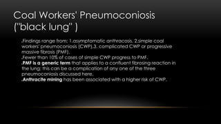 Coal Workers' Pneumoconiosis
("black lung" )
Findings range from: 1.asymptomatic anthracosis, 2.simple coal
workers' pneumoconiosis (CWP),3. complicated CWP or progressive
massive fibrosis (PMF).
Fewer than 10% of cases of simple CWP progress to PMF.
PMF is a generic term that applies to a confluent fibrosing reaction in
the lung; this can be a complication of any one of the three
pneumoconiosis discussed here.
Anthracite mining has been associated with a higher risk of CWP.
 