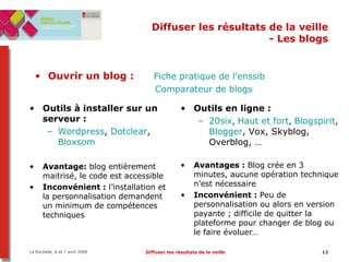 Diffuser les résultats de la veille - Les blogs Ouvrir un blog :  Fiche pratique de l’ enssib   Comparateur de blogs Outils à installer sur un serveur :  Wordpress ,  Dotclear ,   Bloxsom Avantage:  blog entièrement maitrisé, le code est accessible Inconvénient :  l’installation et la personnalisation demandent un minimum de compétences techniques Outils en ligne :  20six ,  Haut et fort ,  Blogspirit ,  Blogger , Vox, Skyblog, Overblog, … Avantages :  Blog crée en 3 minutes, aucune opération technique n’est nécessaire Inconvénient :  Peu de personnalisation ou alors en version payante ; difficile de quitter la plateforme pour changer de blog ou le faire évoluer… 