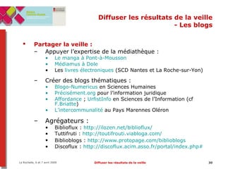 Diffuser les résultats de la veille - Les blogs Partager la veille   :   Appuyer l’expertise de la médiathèque : Le manga à Pont-à-Mousson Médiamus à Dole Les  livres électroniques  (SCD Nantes et La Roche-sur-Yon) Créer des blogs thématiques : Blogo - Numericus  en Sciences Humaines Précisément.org  pour l’information juridique Affordance  ;  UrfistInfo  en Sciences de l’Information (cf  F.Briatte ) L’intercommunalité  au Pays Marennes Oléron Agrégateurs :  Biblioflux :  http://ilozen.net/biblioflux/   Tuttifruti :  http://toutifrouti.viabloga.com/   Biblioblogs :  http://www.protopage.com/biblioblogs   Discoflux :  http://discoflux.acim.asso.fr/portal/index.php#   