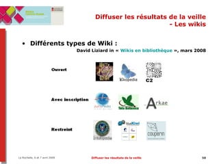Diffuser les résultats de la veille - Les wikis Différents types de Wiki :  David Liziard in «  Wikis en bibliothèque  », mars 2008 