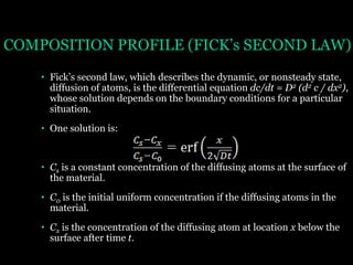 COMPOSITION PROFILE (FICK’s SECOND LAW)
• Fick’s second law, which describes the dynamic, or nonsteady state,
diffusion of atoms, is the differential equation dc/dt = D2 (d2 c / dx2),
whose solution depends on the boundary conditions for a particular
situation.
• One solution is:

• Cs is a constant concentration of the diffusing atoms at the surface of
the material.

• C0 is the initial uniform concentration if the diffusing atoms in the
material.
• Cx is the concentration of the diffusing atom at location x below the
surface after time t.

 