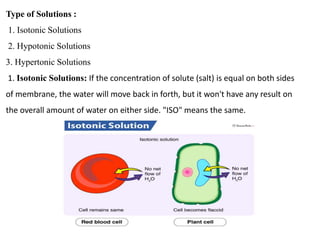 Type of Solutions :
1. Isotonic Solutions
2. Hypotonic Solutions
3. Hypertonic Solutions
1. Isotonic Solutions: If the concentration of solute (salt) is equal on both sides
of membrane, the water will move back in forth, but it won't have any result on
the overall amount of water on either side. "ISO" means the same.
 
