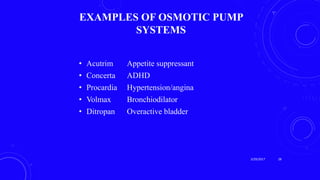 EXAMPLES OF OSMOTIC PUMP
SYSTEMS
• Acutrim Appetite suppressant
• Concerta ADHD
• Procardia Hypertension/angina
• Volmax Bronchiodilator
• Ditropan Overactive bladder
3/29/2017 28
 