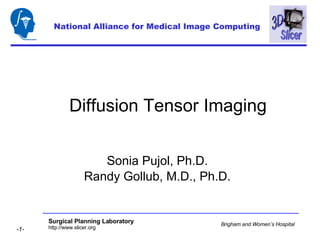 Diffusion Tensor Imaging Sonia Pujol, Ph.D. Randy Gollub, M.D., Ph.D. National Alliance for Medical Image Computing 