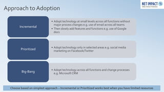 Approach to Adoption
                                • Adopt technology at small levels across all functions without
                                  major process changes e.g. use of email across all teams
        Incremental
                                • Then slowly add features and functions e.g. use of Google
                                  docs




                                • Adopt technology only in selected areas e.g. social media
         Prioritized              marketing on Facebook/Twitter




                                • Adopt technology across all functions and change processes
          Big-Bang                e.g. Microsoft CRM



  Choose based on simplest approach – Incremental or Prioritized works best when you have limited resources
 