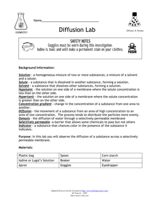 Baggie Diffusion 1



             Name___________________________________


                                  Diffusion Lab
                                         SAFETY NOTES
                        Goggles must be worn during this investigation.
               Iodine is toxic and will make a permanent stain on your clothes.



Background Information:

Solution - a homogeneous mixture of two or more substances; a mixture of a solvent
and a solute.
Solute - a substance that is dissolved in another substance, forming a solution.
Solvent - a substance that dissolves other substances, forming a solution.
Hypotonic - the solution on one side of a membrane where the solute concentration is
less than on the other side.
Hypertonic - the solution on one side of a membrane where the solute concentration
is greater than on the other side.
Concentration gradient - change in the concentration of a substance from one area to
another.
Diffusion - the movement of a substance from an area of high concentration to an
area of low concentration. The process tends to distribute the particles more evenly.
Osmosis – the diffusion of water through a selectively permeable membrane
Selectively permeable -a barrier that allows some chemicals to pass but not others
Indicator - a substance that chances color in the presence of the substance it
indicates.

Purpose: In this lab you will observe the diffusion of a substance across a selectively
permeable membrane.

Materials:

Plastic bag                        Spoon                                           Corn starch
Iodine or Lugol’s Solution         Beaker                                          Water
Apron                              Goggles                                         Eyedropper




                         Adapted from an activity by found at http://www.biologycorner.com/
                                                  M. Poarch – 2005
                                                http:science-class.net
 