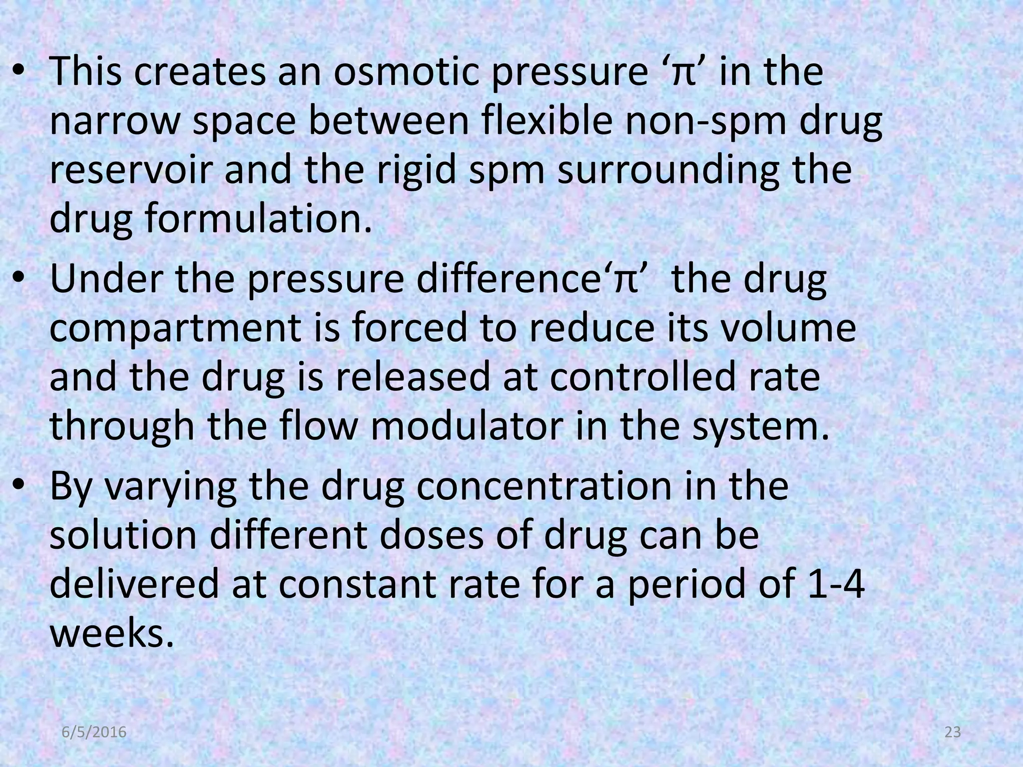 6/5/2016 23
• This creates an osmotic pressure ‘π’ in the
narrow space between flexible non-spm drug
reservoir and the rigid spm surrounding the
drug formulation.
• Under the pressure difference‘π’ the drug
compartment is forced to reduce its volume
and the drug is released at controlled rate
through the flow modulator in the system.
• By varying the drug concentration in the
solution different doses of drug can be
delivered at constant rate for a period of 1-4
weeks.
 