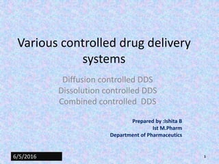 Various controlled drug delivery
systems
Diffusion controlled DDS
Dissolution controlled DDS
Combined controlled DDS
Prepared by :Ishita B
Ist M.Pharm
Department of Pharmaceutics
6/5/2016 1
 