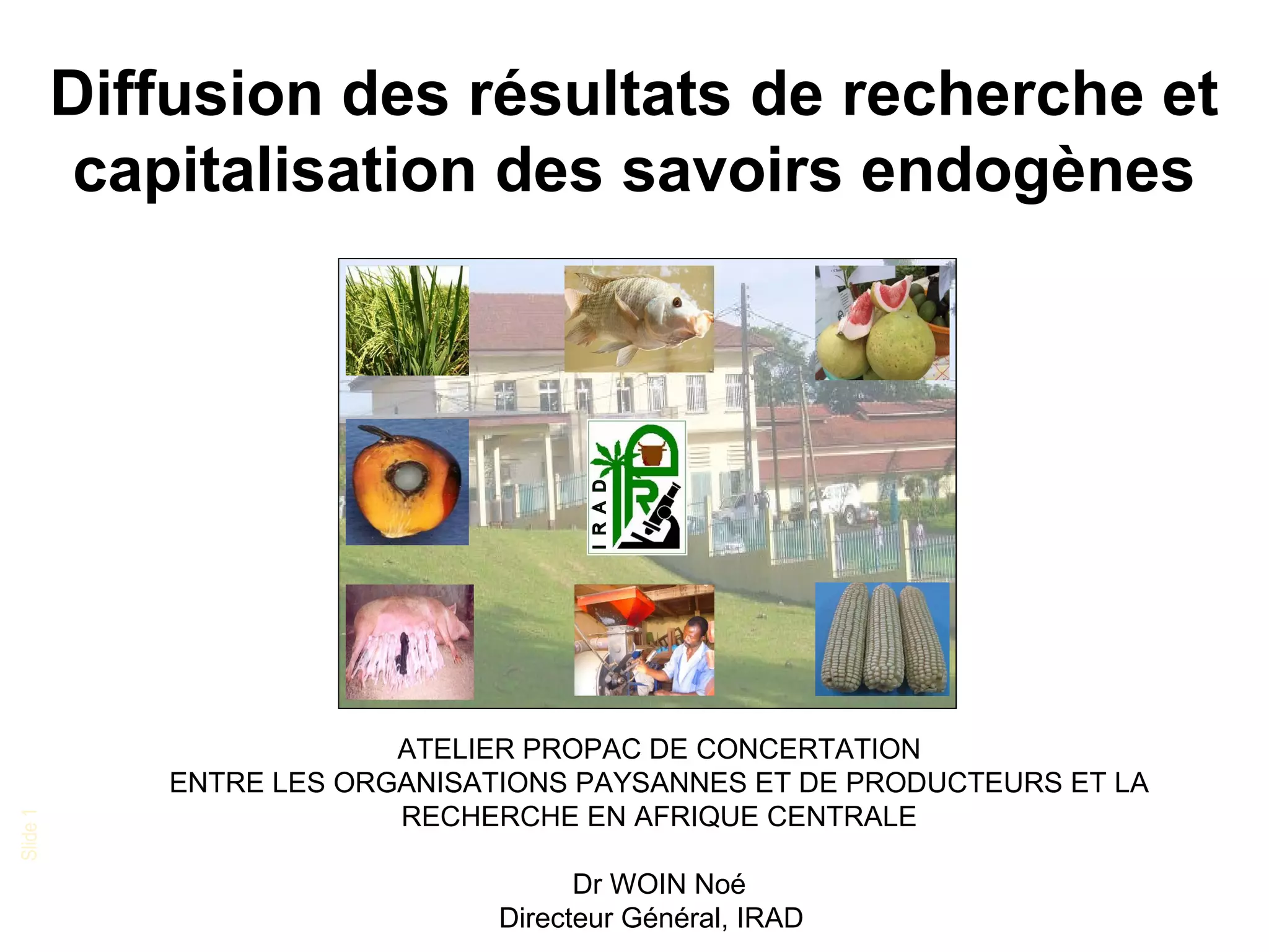 Slide1
Diffusion des résultats de recherche et
capitalisation des savoirs endogènes
ATELIER PROPAC DE CONCERTATION
ENTRE LES ORGANISATIONS PAYSANNES ET DE PRODUCTEURS ET LA
RECHERCHE EN AFRIQUE CENTRALE
Dr WOIN Noé
Directeur Général, IRAD