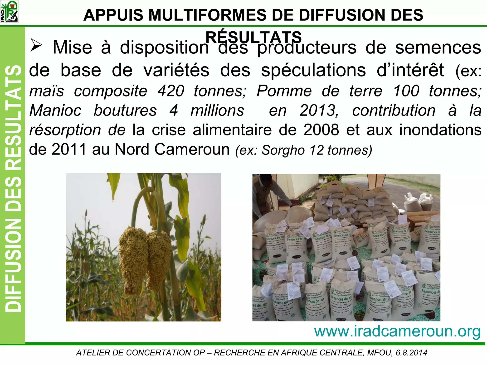 Slide8
DIFFUSIONDESRESULTATS
Mise à disposition des producteurs de semences
de base de variétés des spéculations d’intérêt (ex:
maïs composite 420 tonnes; Pomme de terre 100 tonnes;
Manioc boutures 4 millions en 2013, contribution à la
résorption de la crise alimentaire de 2008 et aux inondations
de 2011 au Nord Cameroun (ex: Sorgho 12 tonnes)
APPUIS MULTIFORMES DE DIFFUSION DES
RÉSULTATS
ATELIER DE CONCERTATION OP – RECHERCHE EN AFRIQUE CENTRALE, MFOU, 6.8.2014
www.iradcameroun.org