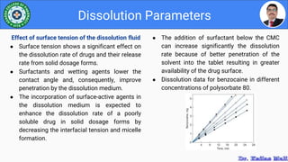 ● The addition of surfactant below the CMC
can increase significantly the dissolution
rate because of better penetration of the
solvent into the tablet resulting in greater
availability of the drug surface.
● Dissolution data for benzocaine in different
concentrations of polysorbate 80.
Dissolution Parameters
Effect of surface tension of the dissolution fluid
● Surface tension shows a significant effect on
the dissolution rate of drugs and their release
rate from solid dosage forms.
● Surfactants and wetting agents lower the
contact angle and, consequently, improve
penetration by the dissolution medium.
● The incorporation of surface-active agents in
the dissolution medium is expected to
enhance the dissolution rate of a poorly
soluble drug in solid dosage forms by
decreasing the interfacial tension and micelle
formation.
 