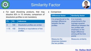 ● Comparison
Similarity Factor
● For rapid dissolving products, that may
dissolve 85% in 15 minutes, comparison of
dissolution profiles is not mandatory
Difference factor Similarity factor
It is proportional to the
average difference
between the two
profiles
It is inversely
proportional to the
average squared
difference between the
two profiles with
emphasis on the
larger difference
among all the time
points
Measures the
closeness between
the two profiles
Measures similarity
F1 F2 Inference
0 100 Dissolution profiles are similar
< 15 >50 Similarity or equivalence of two
profiles
 