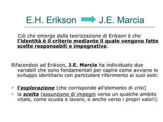 E.H. Erikson

J.E. Marcia

Ciò che emerge dalla teorizzazione di Erikson è che
l’identità è il criterio mediante il quale vengono fatte
scelte responsabili e impegnative.

Rifacendosi ad Erikson, J.E. Marcia ha individuato due
variabili che sono fondamentali per capire come avviene lo
sviluppo identitario con particolare riferimento ai suoi esiti:



l’esplorazione (che corrisponde all’elemento di crisi)
la scelta (assunzione di impegni verso un qualche ambito
vitale, come scuola e lavoro, o anche verso i propri valori).

 