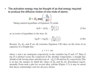 Chapter 5 -
• The activation energy may be thought of as that energy required
to produce the diffusive motion of one mole of atoms.
20
D  Do exp







Qd
RT
 