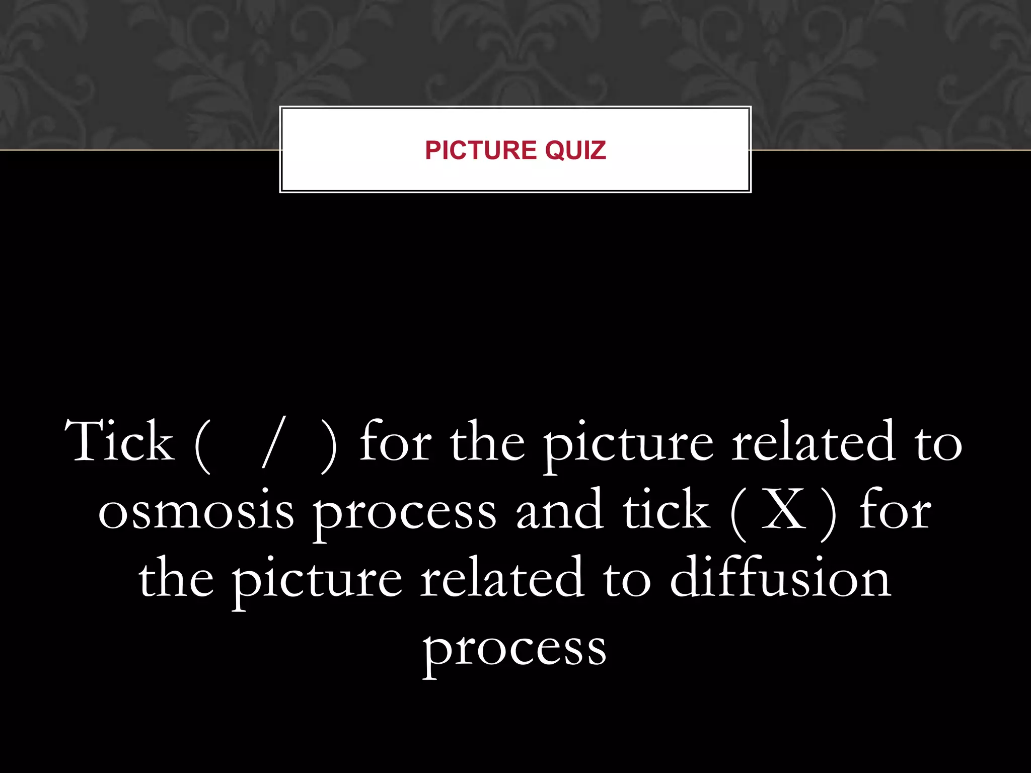 Container A (Concentrated Solute Solution)20% Water Concentration 80% Solute ConcentrationContainer B (Diluted Solute Solution)66.6% Water Concentration 33.33% Solute ConcentrationRemember Diffusion? Net Movement of particles down a concentration gradient from an area of higher concentration to an area of lower concentration!LegendWater moleculePartially Permeable MembraneSolute molecule