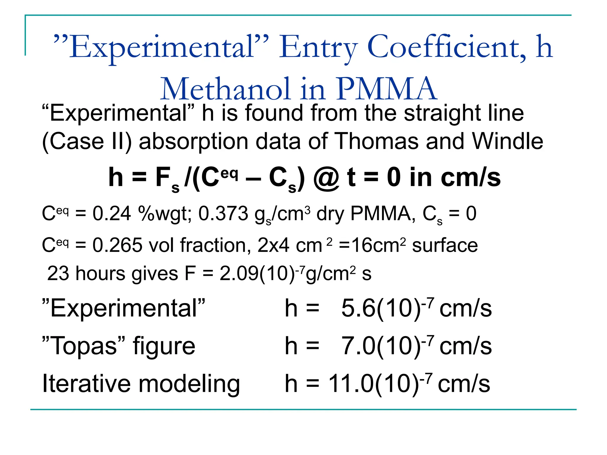 ”Experimental” Entry Coefficient, h
Methanol in PMMA
“Experimental” h is found from the straight line
(Case II) absorption data of Thomas and Windle
h = Fs /(Ceq
– Cs) @ t = 0 in cm/s
Ceq
= 0.24 %wgt; 0.373 gs/cm3
dry PMMA, Cs = 0
Ceq
= 0.265 vol fraction, 2x4 cm 2
=16cm2
surface
23 hours gives F = 2.09(10)-7
g/cm2
s
”Experimental” h = 5.6(10)-7
cm/s
”Topas” figure h = 7.0(10)-7
cm/s
Iterative modeling h = 11.0(10)-7
cm/s
 