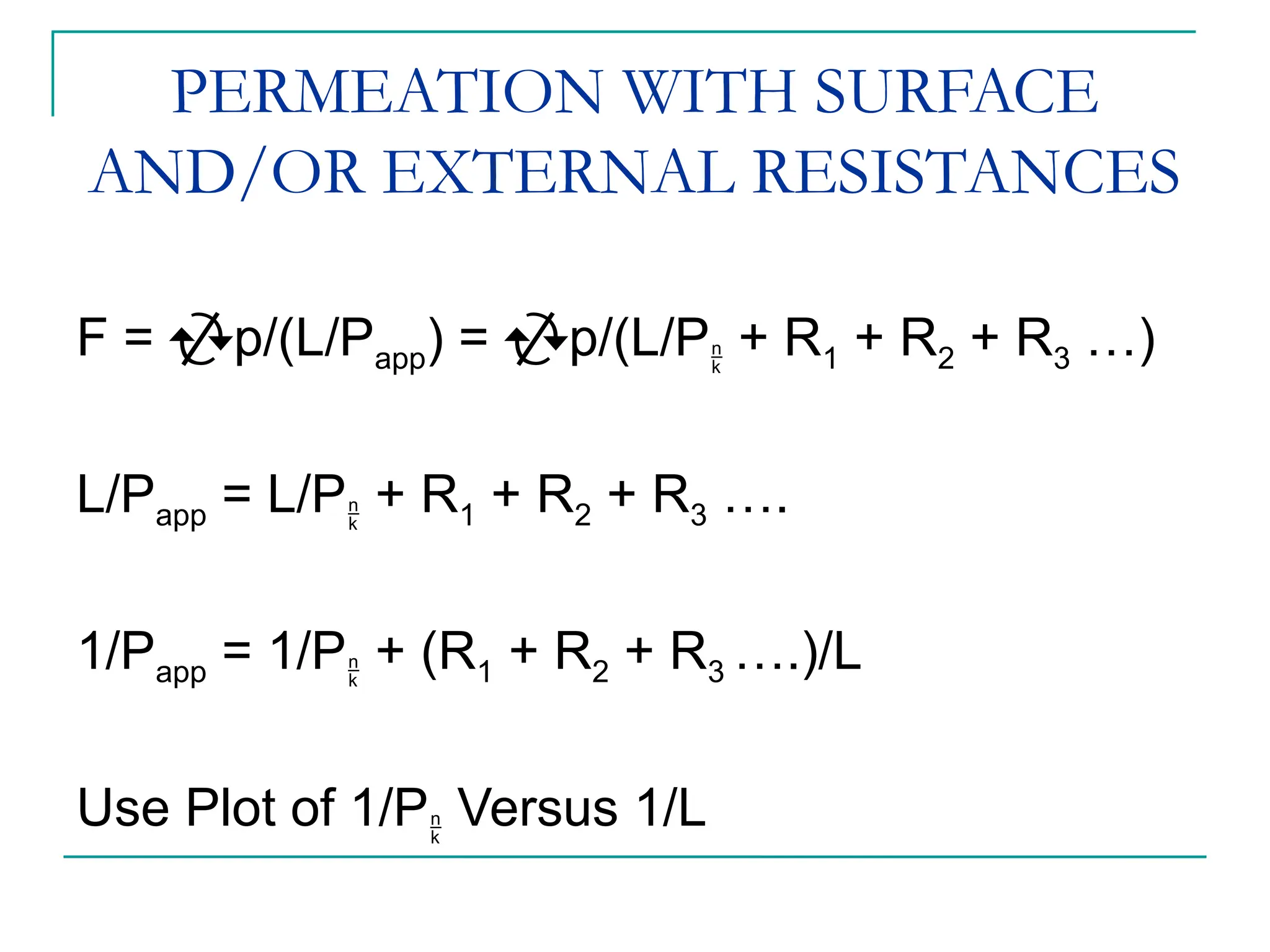 PERMEATION WITH SURFACE
AND/OR EXTERNAL RESISTANCES
F = p/(L/Papp) = p/(L/P + R1 + R2 + R3 …)
L/Papp = L/P + R1 + R2 + R3 ….
1/Papp = 1/P + (R1 + R2 + R3 ….)/L
Use Plot of 1/P Versus 1/L
 