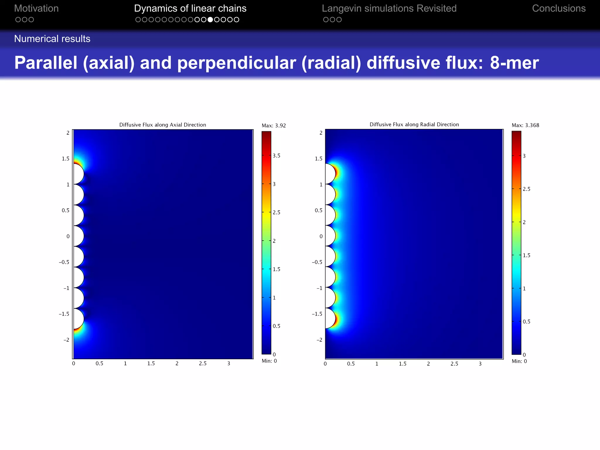 Motivation          Dynamics of linear chains   Langevin simulations Revisited   Conclusions


Numerical results

Parallel (axial) and perpendicular (radial) diffusive ﬂux: 8-mer
 