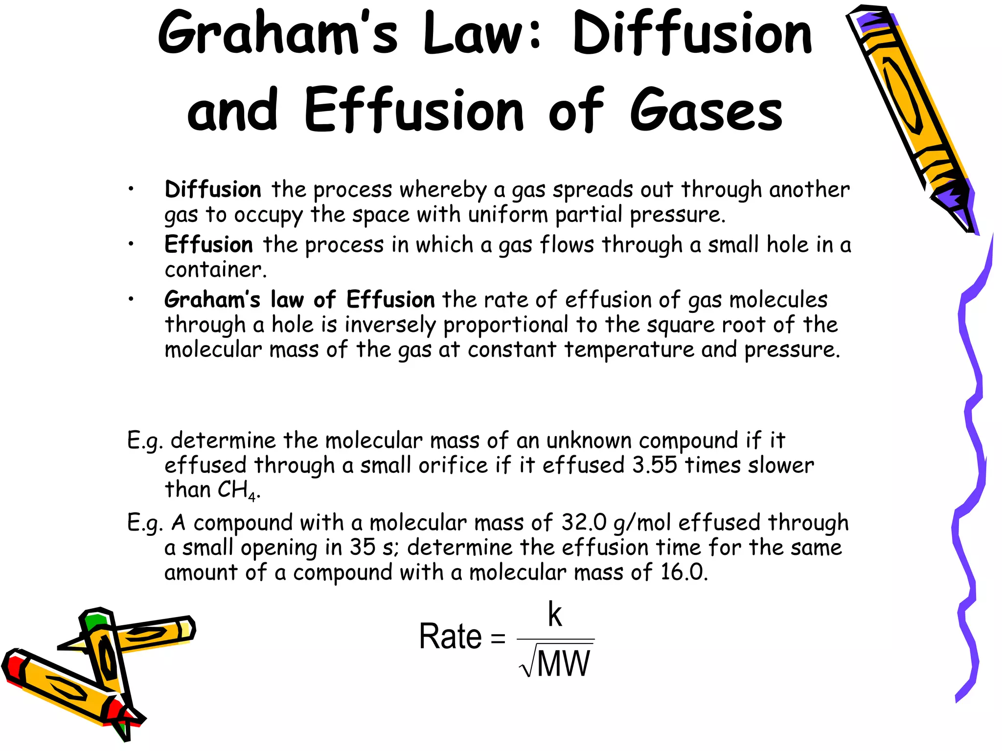 Graham’s Law: Diffusion and Effusion of Gases Diffusion  the process whereby a gas spreads out through another gas to occupy the space with uniform partial pressure. Effusion  the process in which a gas flows through a small hole in a container. Graham’s law of Effusion  the rate of effusion of gas molecules through a hole is inversely proportional to the square root of the molecular mass of the gas at constant temperature and pressure. E.g. determine the molecular mass of an unknown compound if it effused through a small orifice if it effused 3.55 times slower than CH 4 . E.g. A compound with a molecular mass of 32.0 g/mol effused through a small opening in 35 s; determine the effusion time for the same amount of a compound with a molecular mass of 16.0. 
