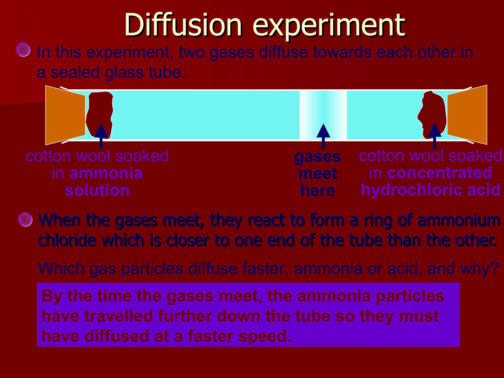 When the gases meet, they react to form a ring of ammonium chloride which is closer to one end of the tube than the other. Diffusion experiment cotton wool soaked in  ammonia solution cotton wool soaked in  concentrated hydrochloric acid Which gas particles diffuse faster, ammonia or acid, and why? By the time the gases meet, the ammonia particles have travelled further down the tube so they must have diffused at a faster speed. In this experiment, two gases diffuse towards each other in a sealed glass tube. gases meet here 