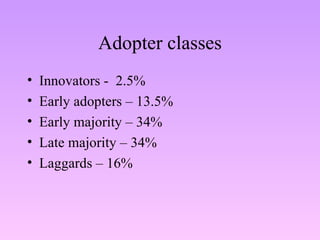 Adopter classes Innovators -  2.5% Early adopters – 13.5% Early majority – 34% Late majority – 34% Laggards – 16% 