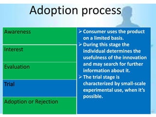 Adoption process
Awareness                Consumer uses the product
                          on a limited basis.
                         During this stage the
Interest                  individual determines the
                          usefulness of the innovation
                          and may search for further
Evaluation
                          information about it.
                         The trial stage is
                          characterized by small-scale
                          experimental use, when it’s
                          possible.
Adoption or Rejection
 