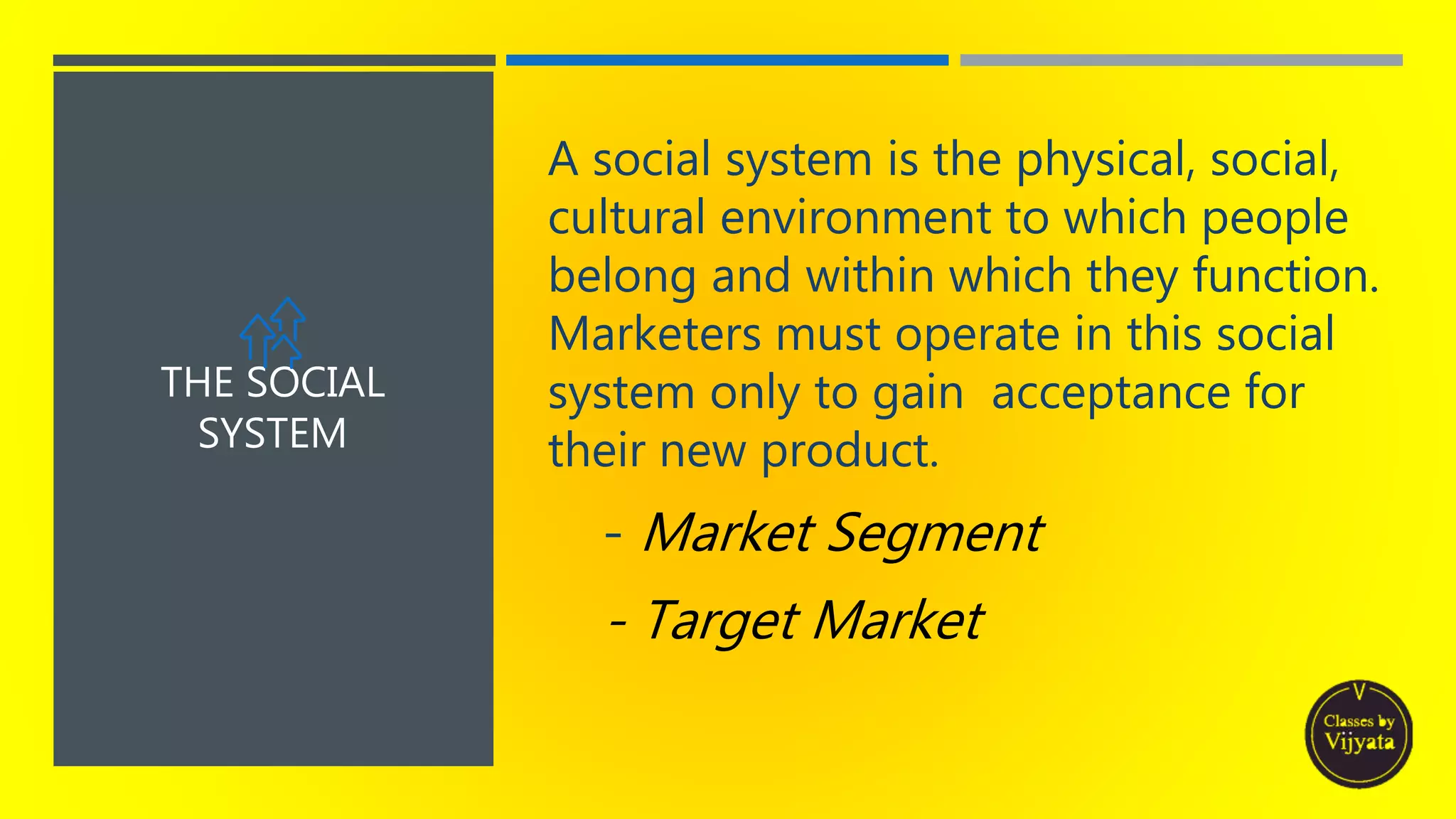THE SOCIAL
SYSTEM
A social system is the physical, social,
cultural environment to which people
belong and within which they function.
Marketers must operate in this social
system only to gain acceptance for
their new product.
- Market Segment
- Target Market
 