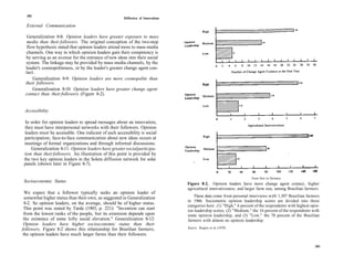 282
                                                       Diffusion of Innovations

  External Communication

  Generalization 8-8: Opinion leaders have greater exposure to mass
  media than their followers. The original conception of the two-step
  flow hypothesis stated that opinion leaders attend more to mass media
 channels. One way in which opinion leaders gain their competency is
 by serving as an avenue for the entrance of new ideas into their social
 system. The linkage may be provided by mass media channels, by the
 leader's cosmopoliteness, or by the leader's greater change agent con-
 tact.
     Generalization 8-9: Opinion leaders are more cosmopolite than
 their followers.
     Generalization 8-10: Opinion leaders have greater change agent
 contact than their followers (Figure 8-2).


 Accessibility

  In order for opinion leaders to spread messages about an innovation,
  they must have interpersonal networks with their followers. Opinion
 leaders must be accessible. One indicant of such accessibility is social
 participation; face-to-face communication about new ideas occurs at
 meetings of formal organizations and through informal discussions.
     Generalization 8-11: Opinion leaders have greater social participa-
 tion than their followers. An illustration of this point is provided by
 the two key opinion leaders in the Solera diffusion network for solar
 panels (shown later in Figure 8-7).

                                                                                                                      Farm Size in Hectares
Socioeconomic Status
                                                                                  Figure 8-2. Opinion leaders have more change agent contact, higher
                                                                                  agricultural innovativeness, and larger farm size, among Brazilian farmers.
  We expect that a follower typically seeks an opinion leader of
 somewhat higher status than their own, as suggested in Generalization               These data come from personal interviews with 1,307 Brazilian farmers
                                                                                  in 1966. Sociometric opinion leadership scores are divided into three
 8-2. So opinion leaders, on the average, should be of higher status.
                                                                                  categories here: (1) "High," 6 percent of the respondents with highest opin-
 This point was stated by Tarde (1903, p. 221): "Invention can start              ion leadership scores, (2) "Medium," the 16 percent of the respondents with
 from the lowest ranks of the people, but its extension depends upon              some opinion leadership, and (3) "Low," the 78 percent of the Brazilian
 the existence of some lofty social elevation." Generalization 8-12:              farmers with almost no opinion leadership.
 Opinion leaders have higher socioeconomic status than their
followers. Figure 8-2 shows this relationship for Brazilian farmers;              Source Rogers et al (1970)
the opinion leaders have much larger farms than their followers.

                                                                                                                                                           283
 