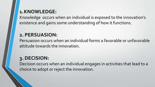 1.KNOWLEDGE:
Knowledge occurs when an individual is exposed to the innovation’s
existence and gains some understanding of how it functions.
2. PERSUASION:
Persuasion occurs when an individual forms a favorable or unfavorable
attitude towards the innovation.
3. DECISION:
Decision occurs when an individual engages in activities that lead to a
choice to adopt or reject the innovation.
 