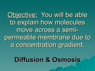 Objective:   You will be able to explain how molecules move across a semi-permeable membrane due to a concentration gradient. Diffusion & Osmosis 