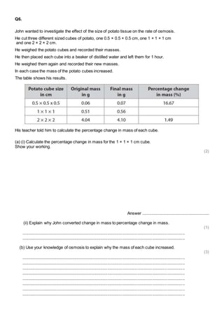 Q6. 
John wanted to investigate the effect of the size of potato tissue on the rate of osmosis. 
He cut three different sized cubes of potato, one 0.5 × 0.5 × 0.5 cm, one 1 × 1 × 1 cm 
and one 2 × 2 × 2 cm. 
He weighed the potato cubes and recorded their masses. 
He then placed each cube into a beaker of distilled water and left them for 1 hour. 
He weighed them again and recorded their new masses. 
In each case the mass of the potato cubes increased. 
The table shows his results. 
His teacher told him to calculate the percentage change in mass of each cube. 
(a) (i) Calculate the percentage change in mass for the 1 × 1 × 1 cm cube. 
Show your working. 
(2) 
Answer ........................................................... 
(ii) Explain why John converted change in mass to percentage change in mass. 
(1) 
.............................................................................................................................................. 
.............................................................................................................................................. 
(b) Use your knowledge of osmosis to explain why the mass of each cube increased. 
(3) 
.............................................................................................................................................. 
.............................................................................................................................................. 
.............................................................................................................................................. 
.............................................................................................................................................. 
.............................................................................................................................................. 
.............................................................................................................................................. 
.............................................................................................................................................. 
.............................................................................................................................................. 
 