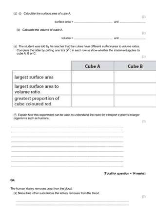 (d) (i) Calculate the surface area of cube A. 
(2) 
surface area = ................................................. unit ................................. 
(ii) Calculate the volume of cube A. 
(2) 
volume = ................................................. unit ................................. 
(e) The student was told by his teacher that the cubes have different surface area to volume ratios. 
Complete the table by putting one tick ( ) in each row to show whether the statement applies to 
cube A, B or C. 
(3) 
(f) Explain how this experiment can be used to understand the need for transport systems in larger 
organisms such as humans. 
(3) 
............................................................................................................................................. 
............................................................................................................................................. 
............................................................................................................................................. 
............................................................................................................................................. 
............................................................................................................................................. 
............................................................................................................................................. 
............................................................................................................................................. 
............................................................................................................................................. 
............................................................................................................................................. 
(Total for question = 14 marks) 
Q4. 
The human kidney removes urea from the blood. 
(a) Name two other substances the kidney removes from the blood. 
(2) 
.............................................................................................................................................. 
.............................................................................................................................................. 
 